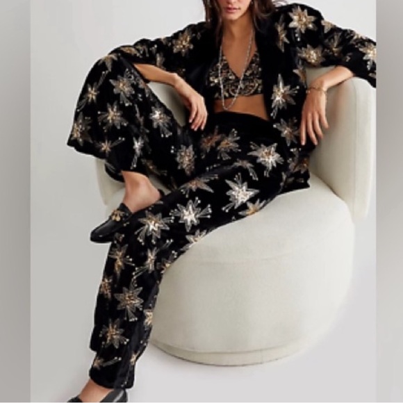 New LENNI x Free People XS Black Sequin Star Embroidered 2-Pc Jacket & Pant Set - Picture 10 of 15